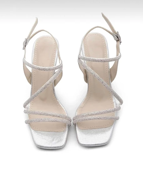 Potinonline K544 Kadın Taşlı Abiye Atkılı Küt Burun Topuklu Ayakkabı - 9