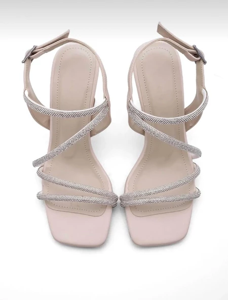 Potinonline K544 Kadın Taşlı Abiye Atkılı Küt Burun Topuklu Ayakkabı - 5