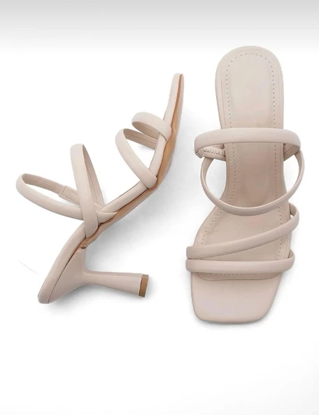 Potinonline K2054 Kadın Topuklu Ayakkabı Küt Burun Atkılı Topuklu Sandalet - 4