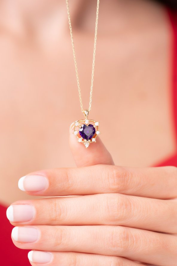 925 Ayar Gümüş Zincirli Mor Kalpli Pırlanta Taşlı Kadın Kolye - 2