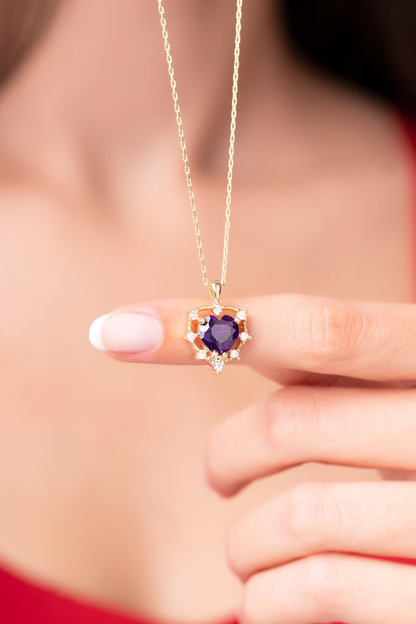 925 Ayar Gümüş Zincirli Mor Kalpli Pırlanta Taşlı Kadın Kolye - 3