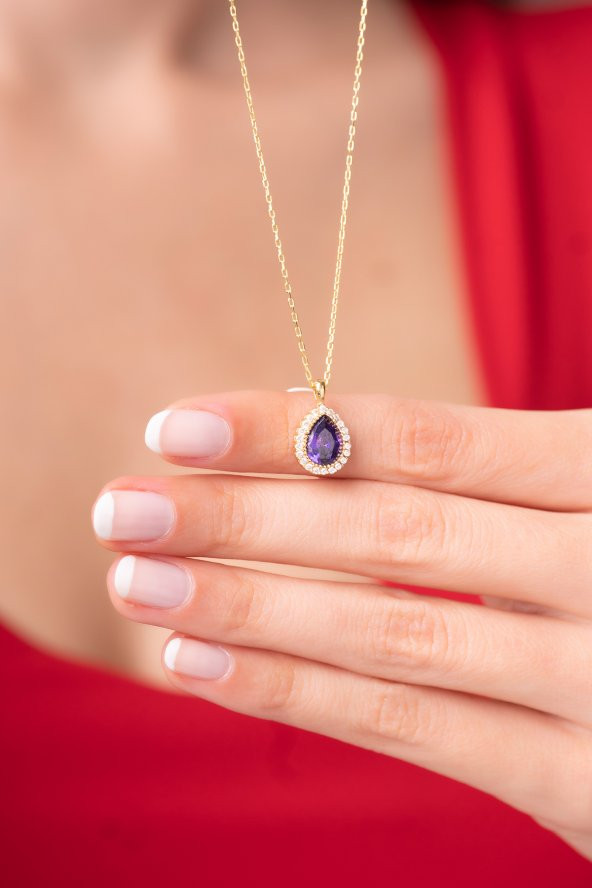 925 Ayar Gümüş Zincirli Mor Su Damlası Zarif Kadın Kolye - 2