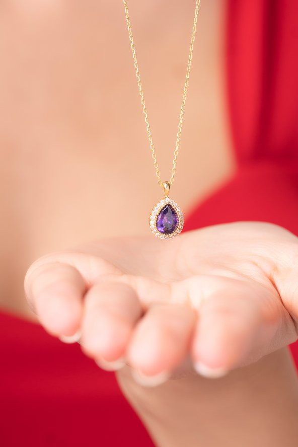 925 Ayar Gümüş Zincirli Mor Su Damlası Zarif Kadın Kolye - 3