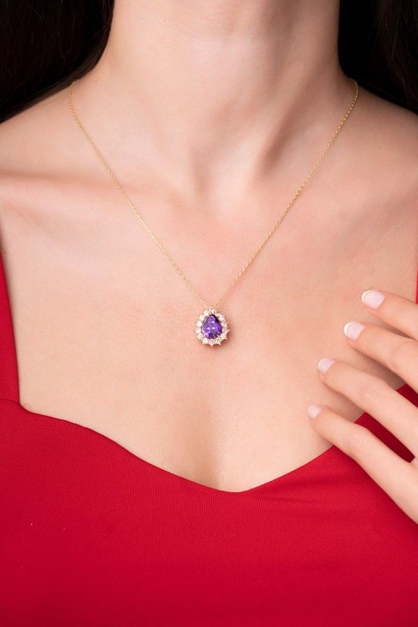 925 Ayar Gümüş Zincirli Mor Su Damlası Tasarımlı Kadın Kolye - 2