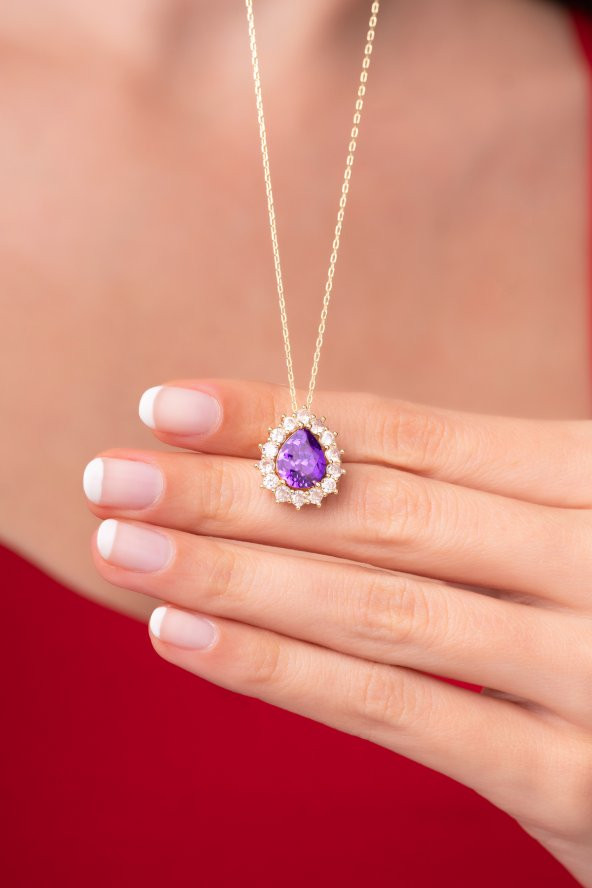 925 Ayar Gümüş Zincirli Mor Su Damlası Tasarımlı Kadın Kolye - 3