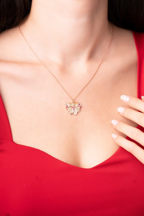 925 Ayar Gümüş Zincirli Meşe Yaprağı Tasarımlı Rose Renkli Kadın Kolye - 2