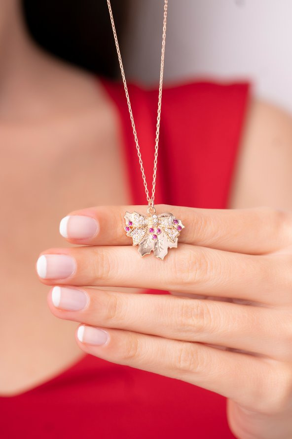 925 Ayar Gümüş Zincirli Meşe Yaprağı Tasarımlı Rose Renkli Kadın Kolye - 3