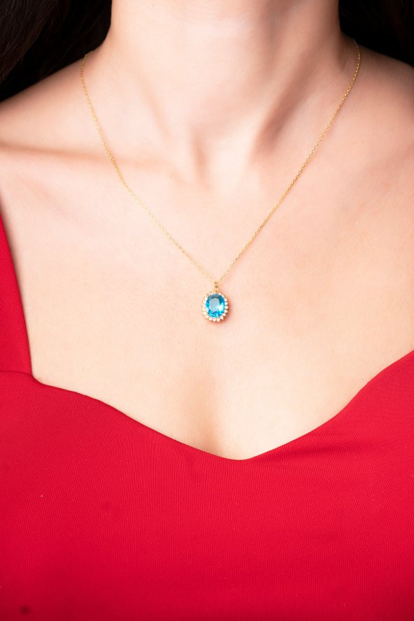 925 Ayar Gümüş Zincirli Okyanus Mavisi Pırlanta Taşlı Kadın Kolye - 2