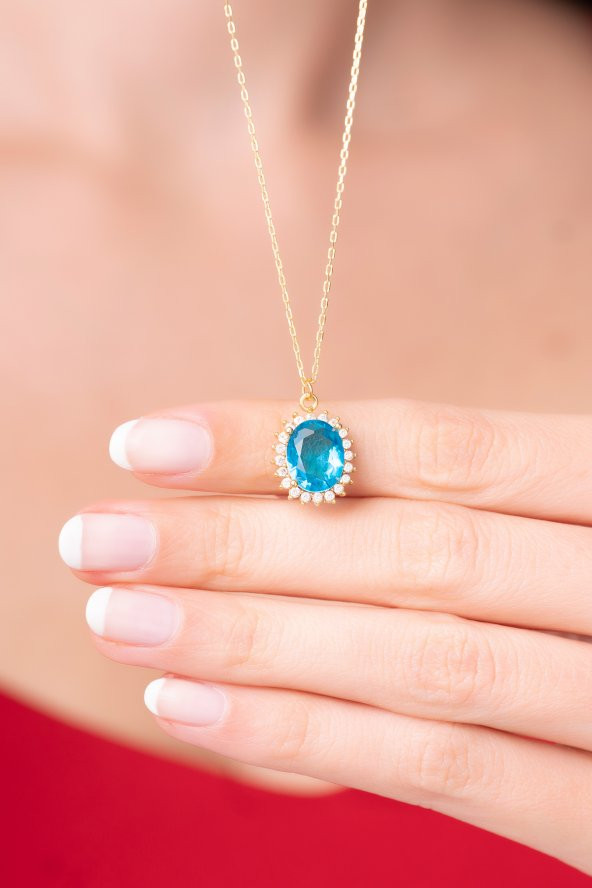 925 Ayar Gümüş Zincirli Okyanus Mavisi Pırlanta Taşlı Kadın Kolye - 3