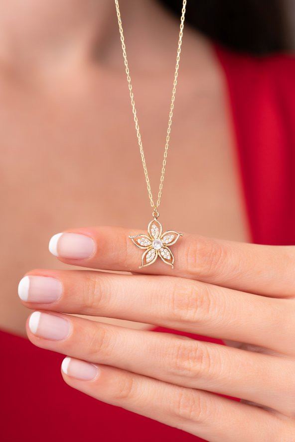 925 Ayar Gümüş Zincirli Lilyum Çiçeği Zarif Kadın Kolye - 3