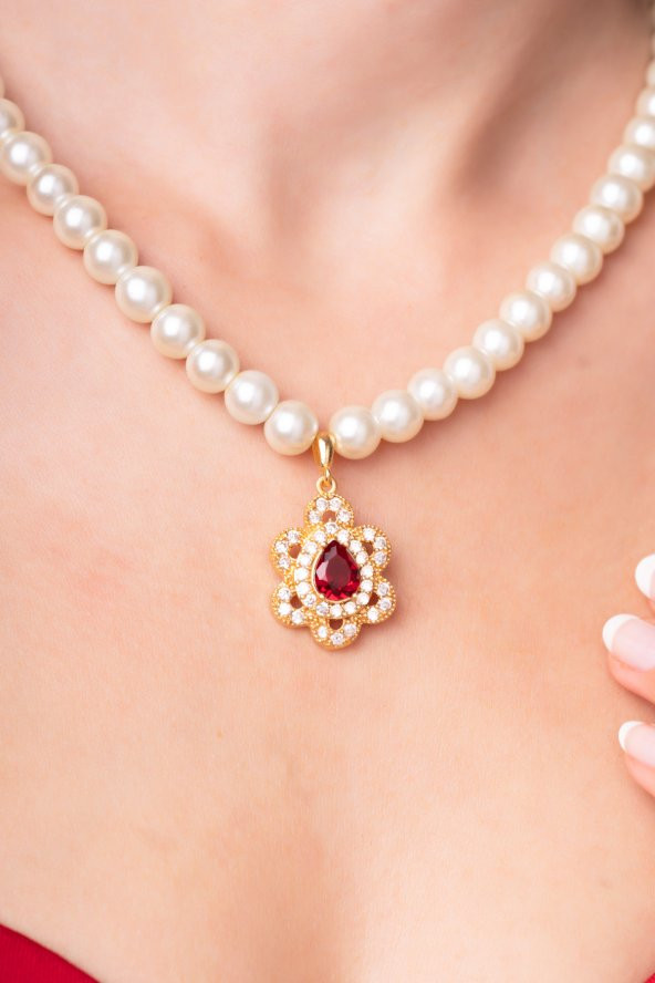 Kraliçe Kolyesi Kırmızı Ametist Taşlı Özel İnci Tasarımlı Kadın Kolye - 2