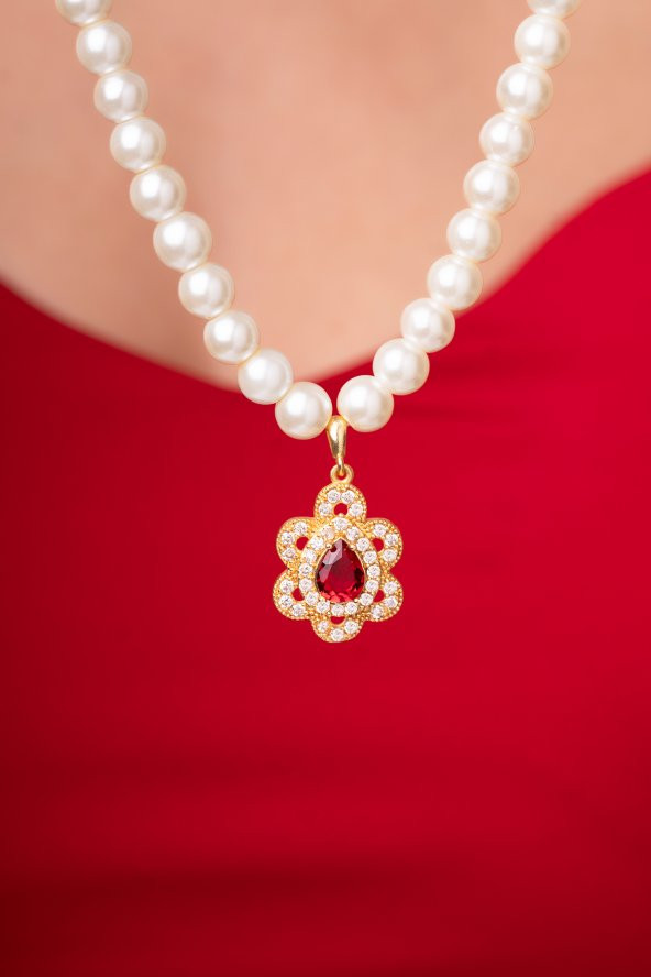 Kraliçe Kolyesi Kırmızı Ametist Taşlı Özel İnci Tasarımlı Kadın Kolye - 4