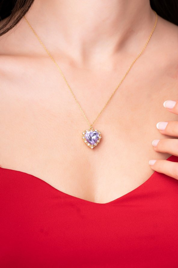 925 Ayar Lila Renkli  Pırlanta Taşlı Kalp Tasarımlı Kadın Kolye - 2