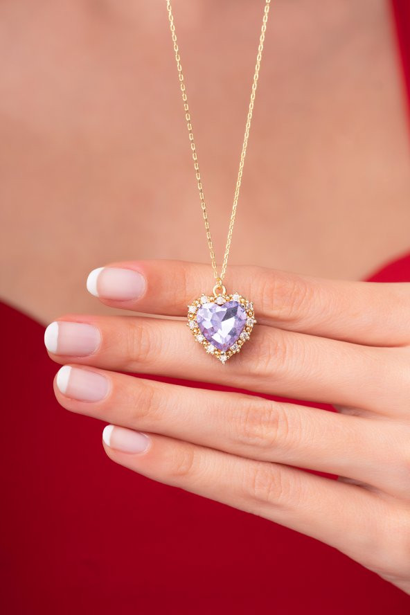 925 Ayar Lila Renkli  Pırlanta Taşlı Kalp Tasarımlı Kadın Kolye - 3