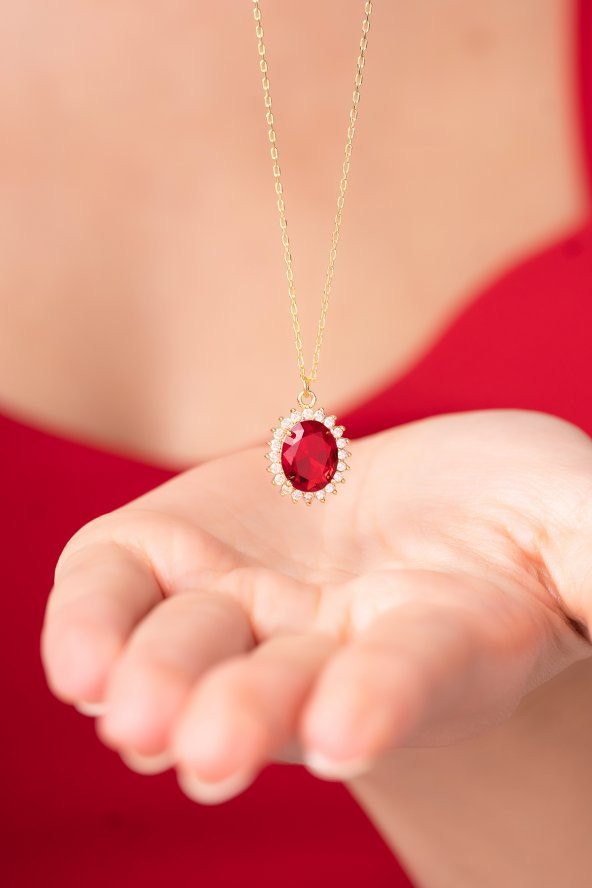 925 Ayar Kırmızı Pırlanta Taşlı Gold Renkli Kadın Kolye - 2