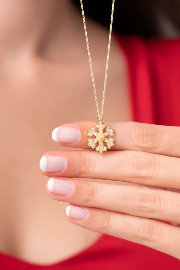 925 Ayar Gold Renkli Kar Tanesi Tasarımlı Kadın Kolye - 2