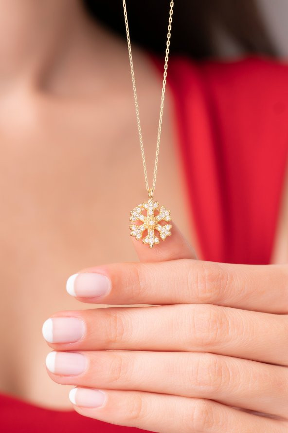 925 Ayar Gold Renkli Kar Tanesi Tasarımlı Kadın Kolye - 3