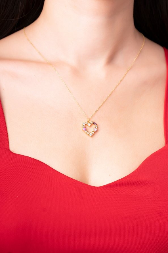 925 Ayar Renkli Kalp Tasarımlı Zirkon Taşlı Kadın Kolye