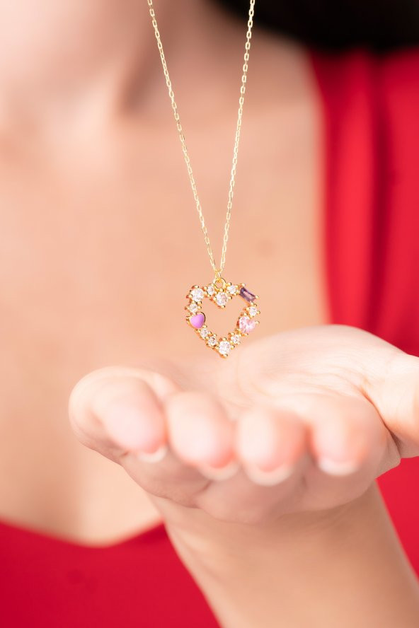 925 Ayar Renkli Kalp Tasarımlı Zirkon Taşlı Kadın Kolye - 3