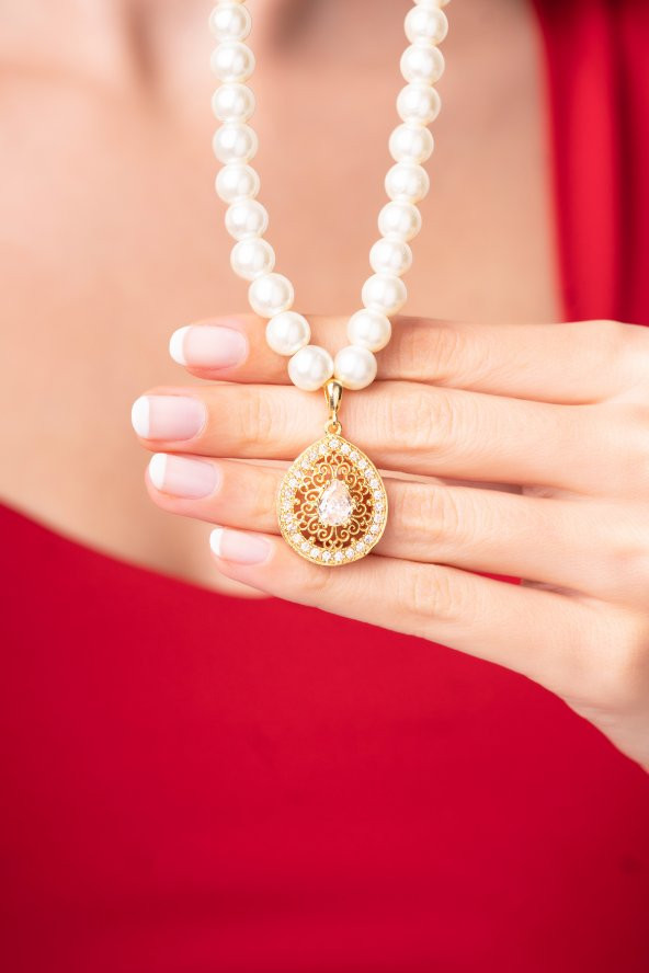 Özel Tasarım İncili Taşlı Su Damlası Zirkon Taşlı Kadın Kolye - 2