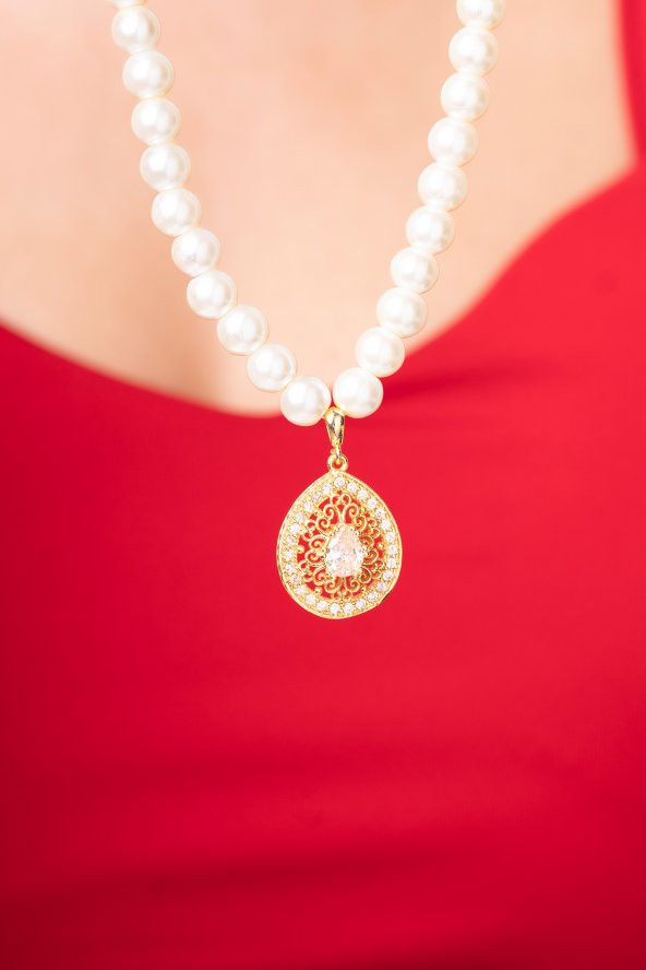 Özel Tasarım İncili Taşlı Su Damlası Zirkon Taşlı Kadın Kolye - 3