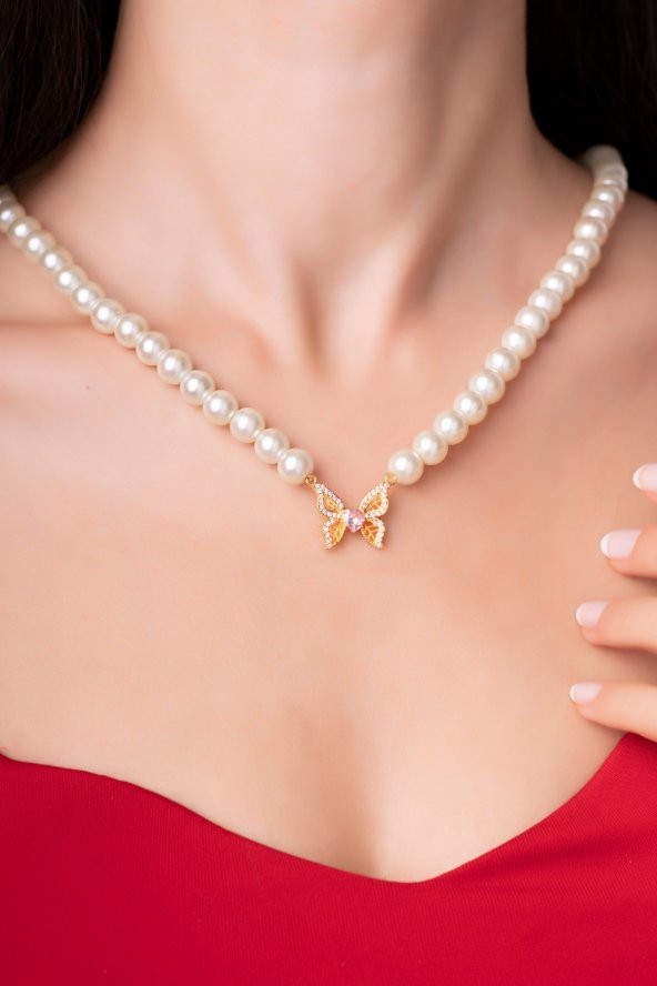 Özel Tasarım İncili Zirkon Taşlı Kelebek Tasarımlı Kadın Kolye