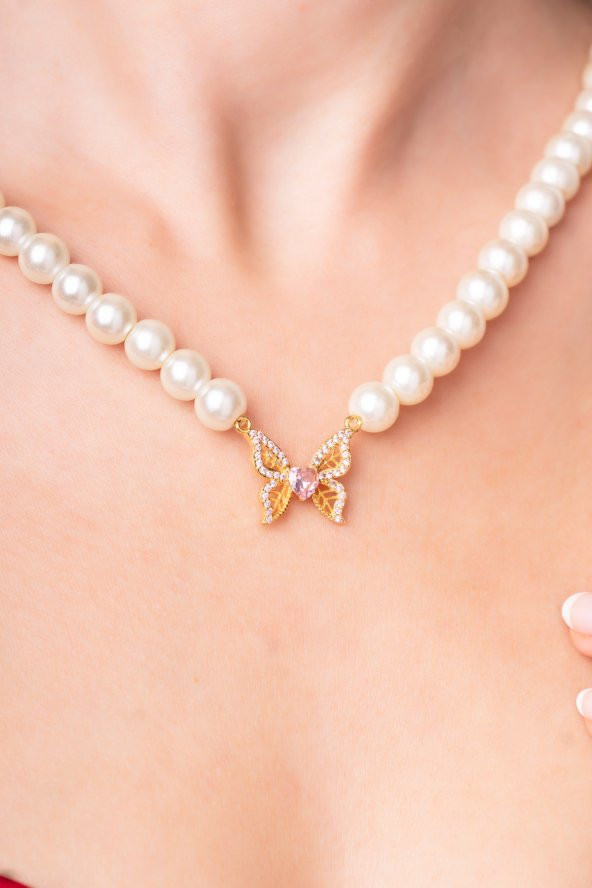 Özel Tasarım İncili Zirkon Taşlı Kelebek Tasarımlı Kadın Kolye - 2