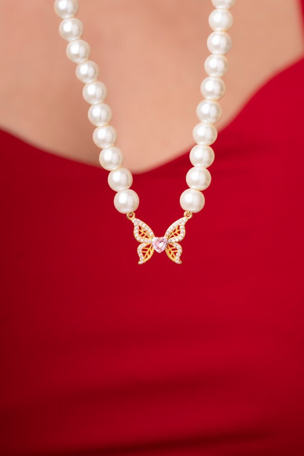 Özel Tasarım İncili Zirkon Taşlı Kelebek Tasarımlı Kadın Kolye - 4