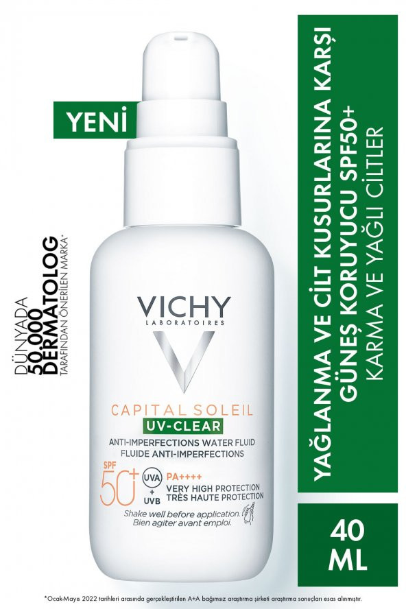 VICHY Capital Soleil Uv Clear Spf50 Yüz Güneş Kremi 40 ml - Karma Ve Yağlı Ciltler 3337875837149