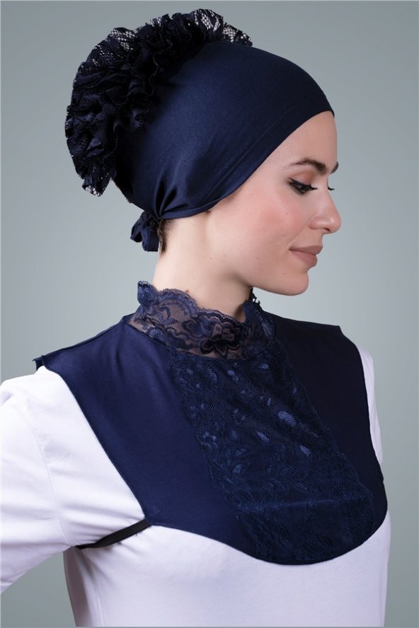 Lacivert Tesettür Boyunluk Viskon Kumaş Göğüs Dantelli 1005_02