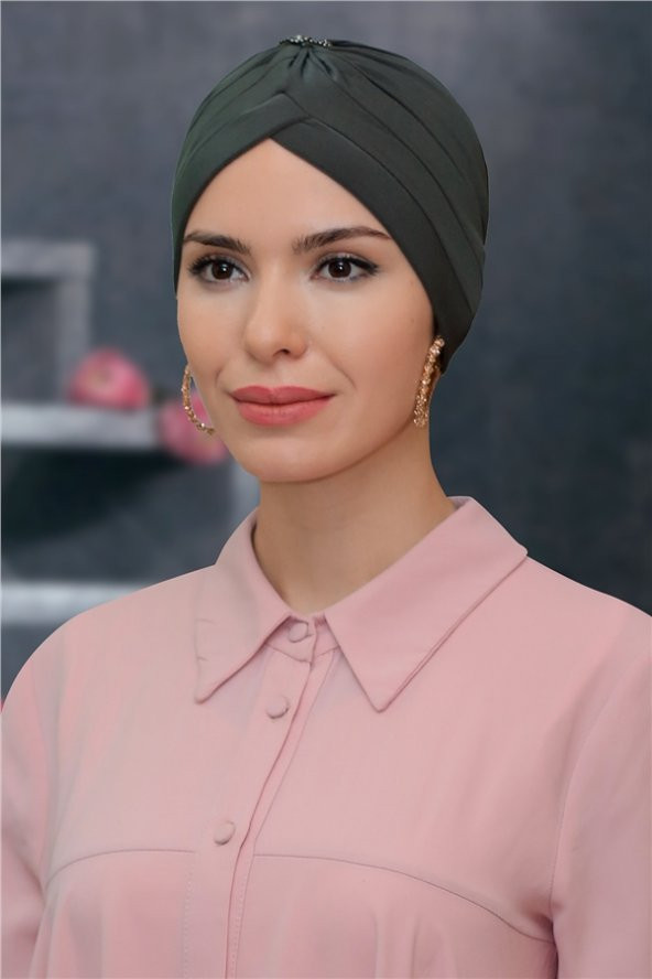 Haki Pratik Hazır Geçmeli Tesettür Bone Sandy Kumaş Taçlı Büzgülü 1208_09 - 1