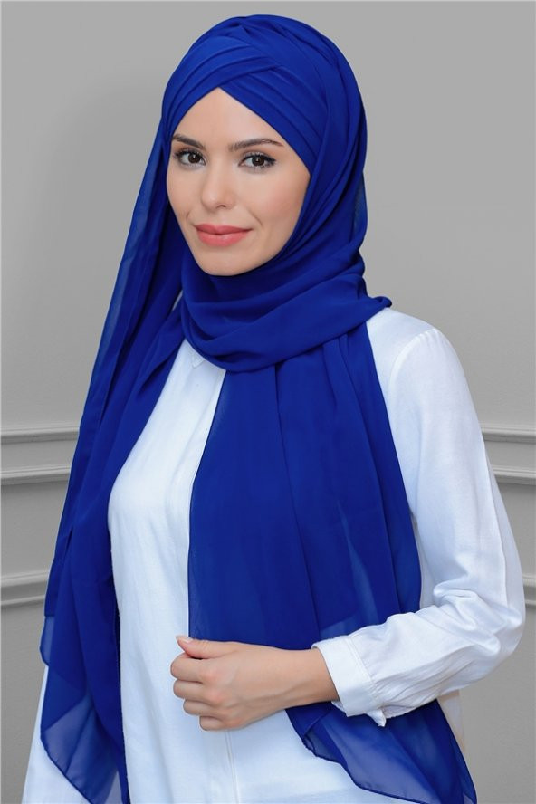 Saks Mavisi Pratik Hazır Geçmeli Bone Şal Şifon Kendinden Boneli Üç Bantlı 1451_24