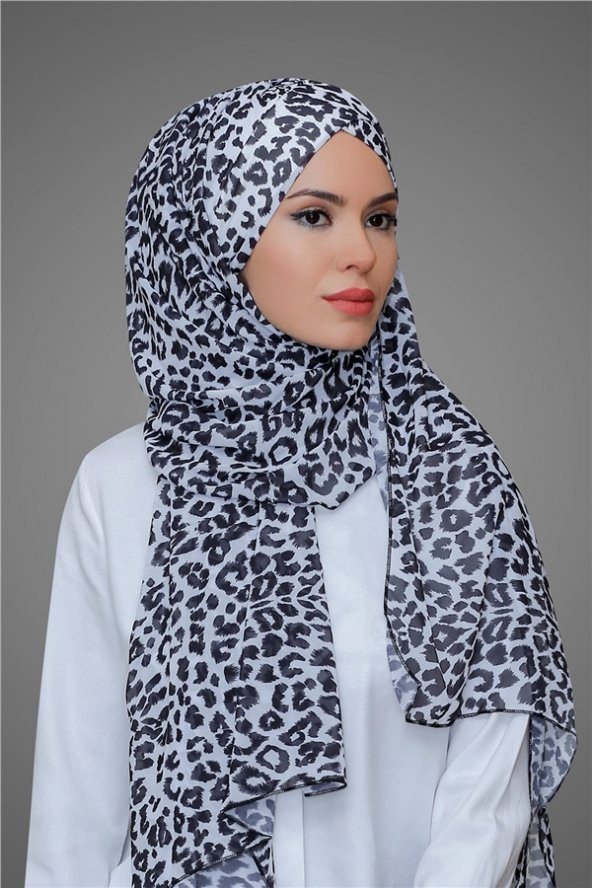 Siyah-Leopar Pratik Hazır Geçmeli Bone Şal Şifon Kendinden Boneli Desenli 1454_01