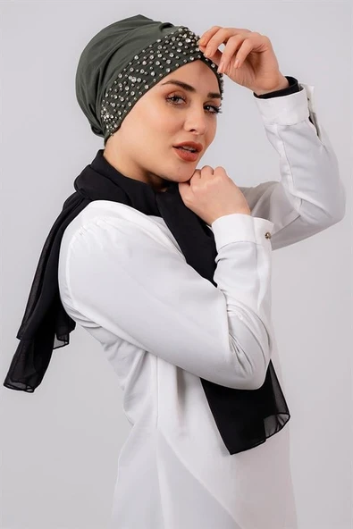 Haki Pratik Hazır Geçmeli Tesettür Bone Sandy Kumaş Taşlı 1456_09
