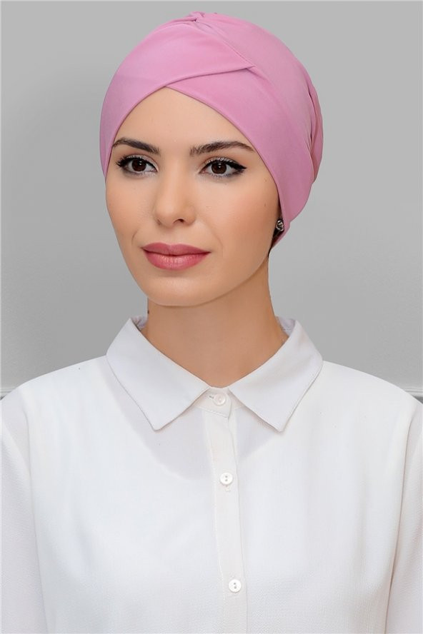 Pudra Pratik Hazır Geçmeli Tesettür Bone Sandy Kumaş Çapraz Büzgülü 1801_06