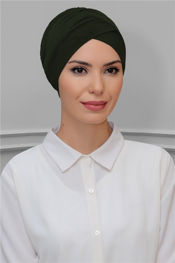 Haki Pratik Hazır Geçmeli Tesettür Bone Sandy Kumaş Çapraz Büzgülü 1801_09