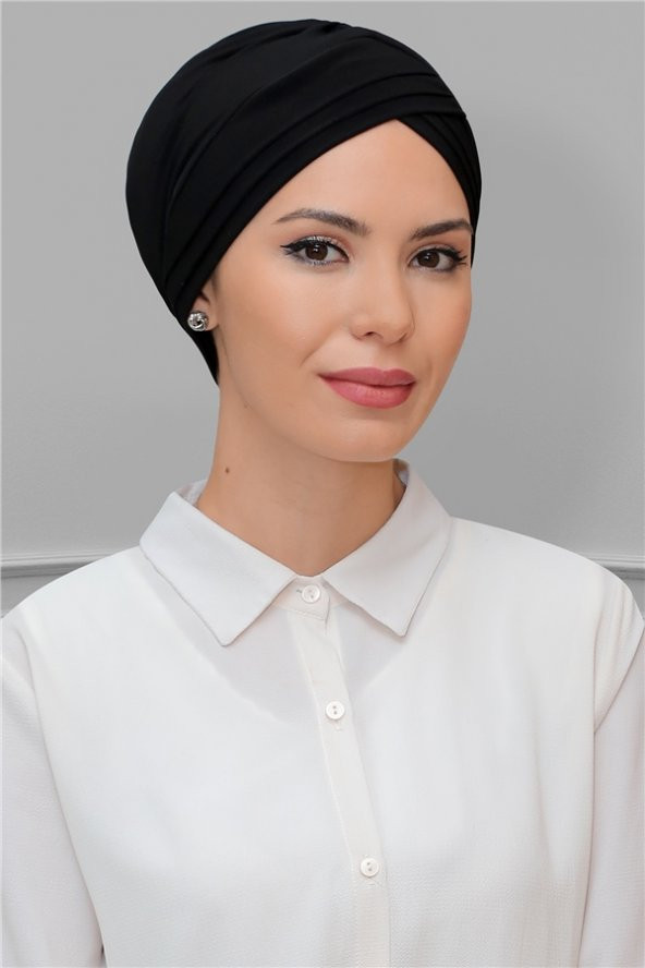 Siyah Pratik Hazır Geçmeli Tesettür Bone Sandy Kumaş Üç Çapraz 1803_01