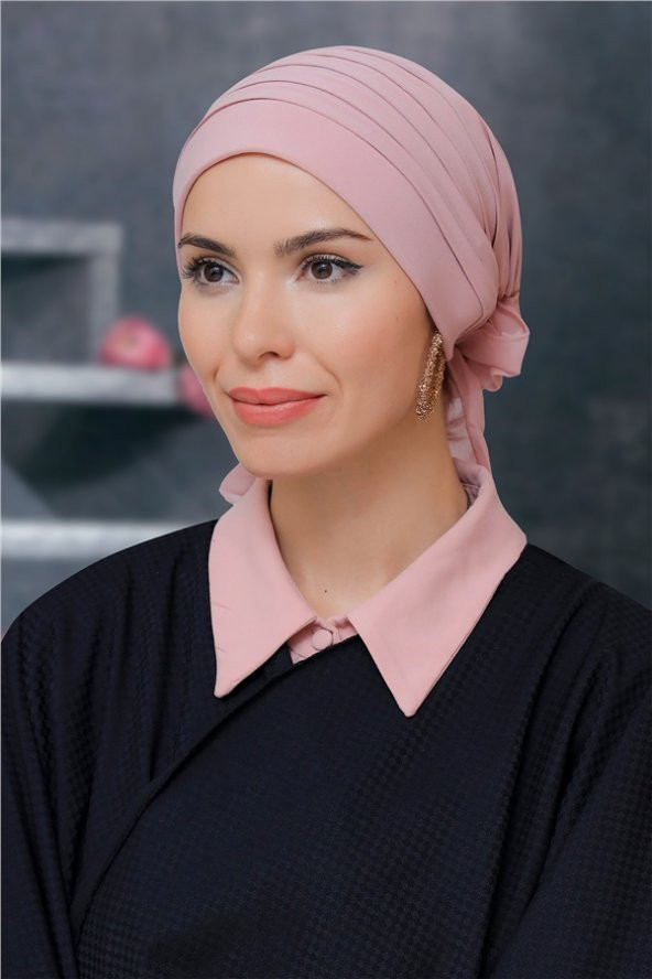 Pudra Pratik Hazır Geçmeli Tesettür Bone Sandy Kumaş Pileli Nervürlü Güllü 1806_06