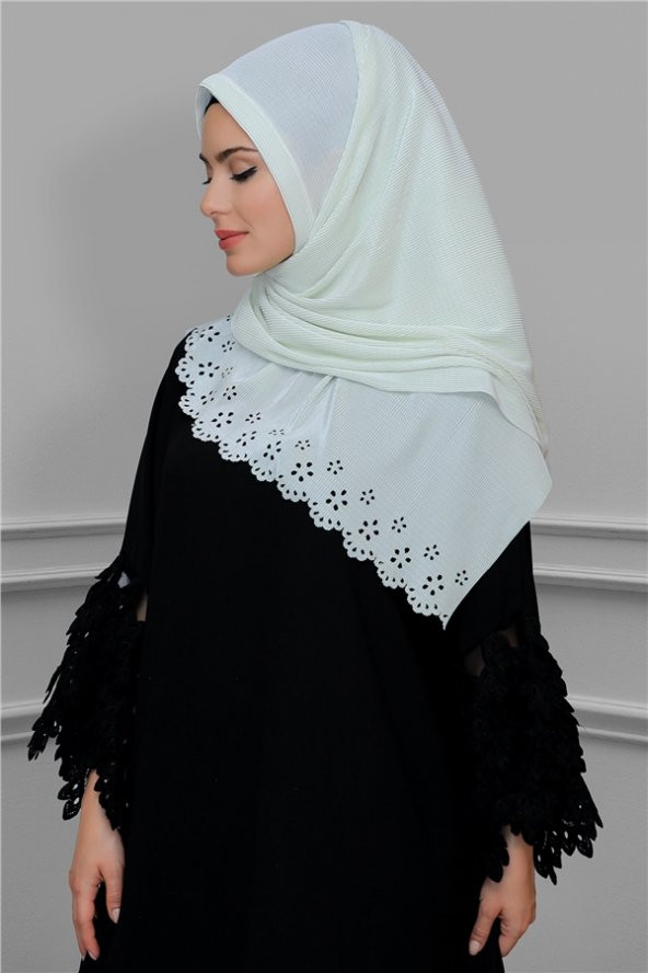 Krem Pratik Hazır Geçmeli Tesettür Eşarp Fukuro Piliseli Çiçek Desenli Lazer Kesim 1819_40 - 2