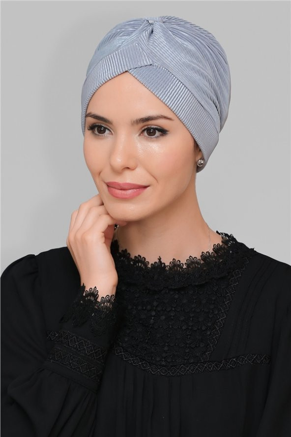 Gri Pratik Hazır Geçmeli Tesettür Bone Fukuro Piliseli Tek Çapraz Büzgülü 1824_15