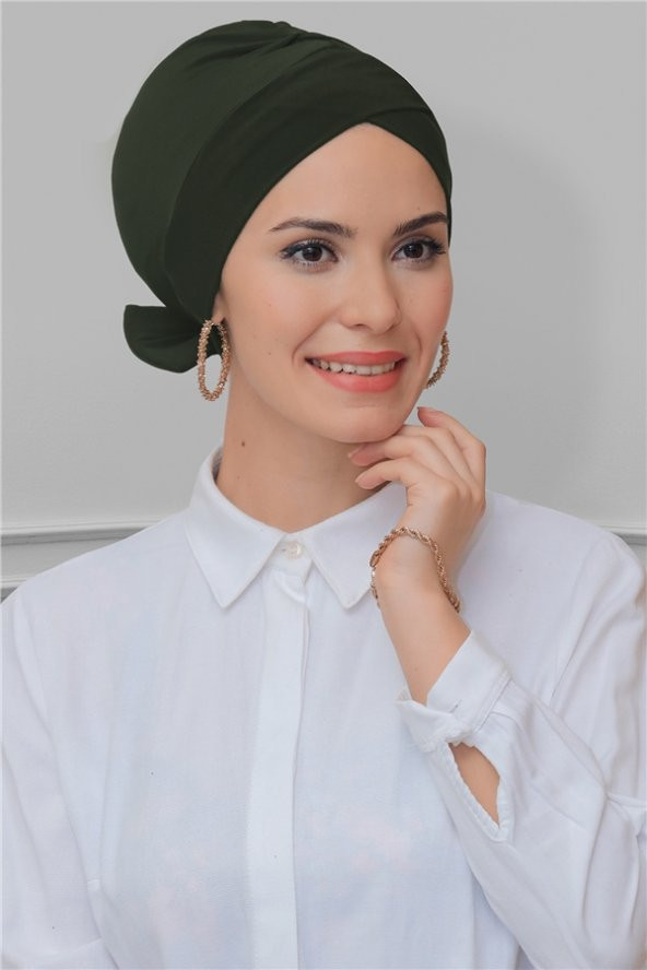 Haki Pratik Hazır Geçmeli Tesettür Bone Sandy Kumaş Fiyonklu Çift Taraflı Tek Çapraz 1833_09