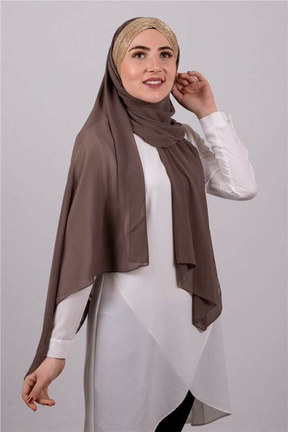 Vizon-Gold Arkadan Bağlamalı Şal Şifon Üç Bantlı Simli Pileli 1835_1002 - 2