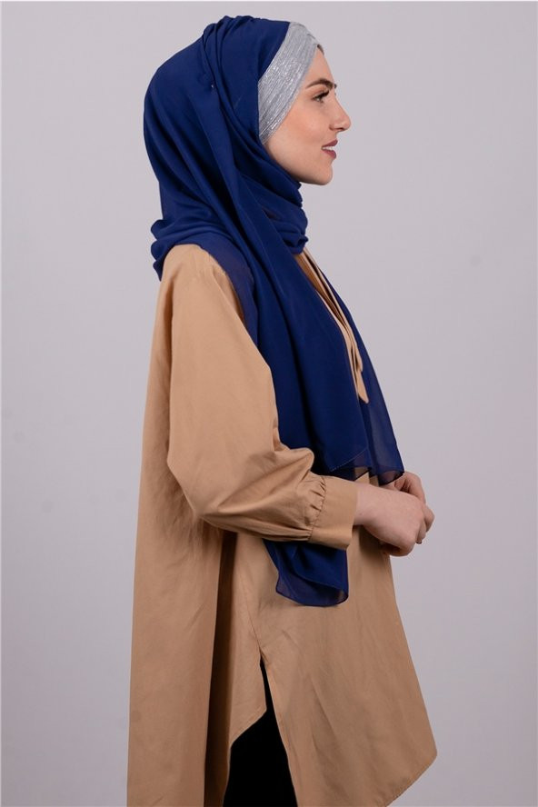 Saks Mavisi-Gümüş Arkadan Bağlamalı Şal Şifon Üç Bantlı Simli Pileli 1835_2401 - 3