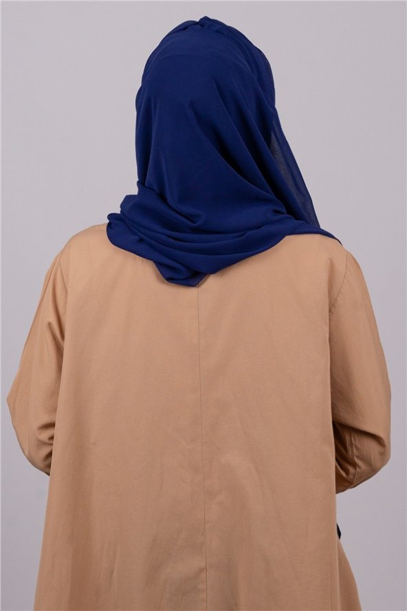 Saks Mavisi-Gümüş Arkadan Bağlamalı Şal Şifon Üç Bantlı Simli Pileli 1835_2401 - 4