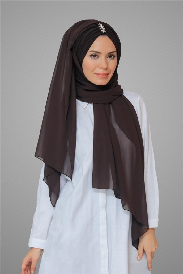 Kahve Arkadan Bağlamalı Şal Şifon Pileli Taşlı Elişi İşlemeli 1840_14 ürün görseli 1