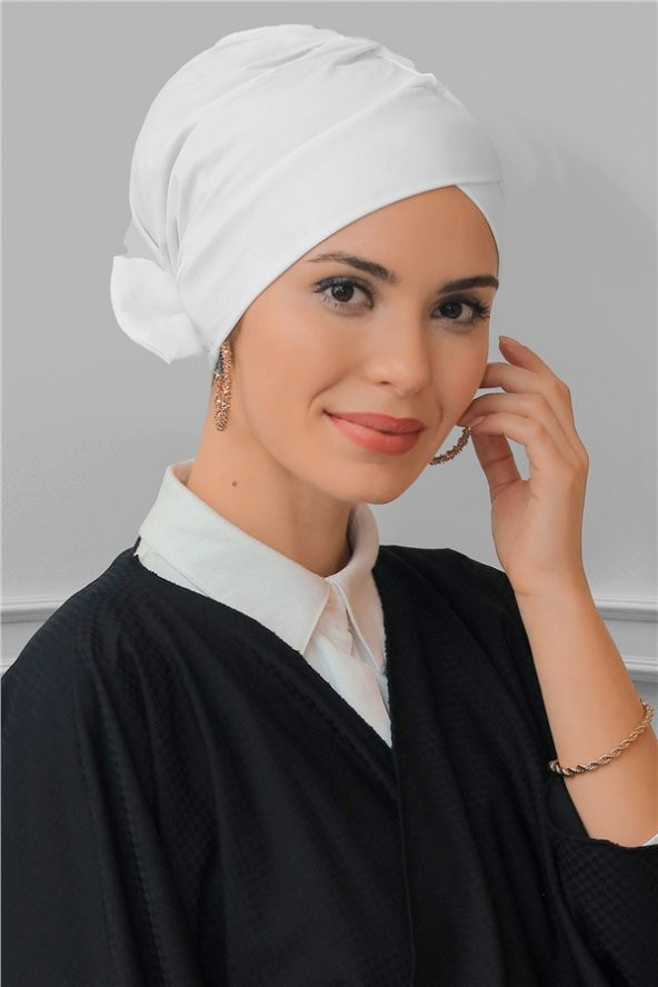 Beyaz Pratik Hazır Geçmeli Tesettür Bone Sandy Kumaş Fiyonklu Çift Taraflı Tek Çapraz 1833_42