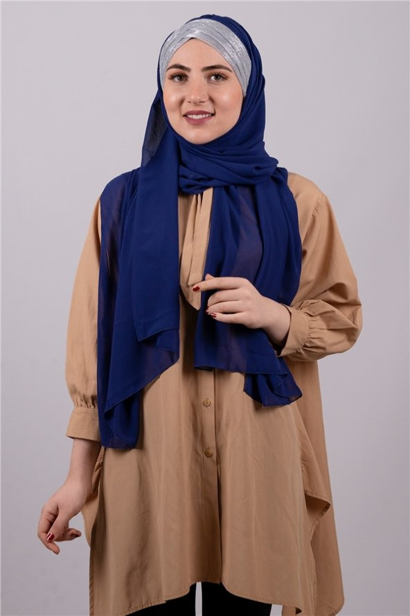 Saks Mavisi-Gümüş Arkadan Bağlamalı Şal Şifon Üç Bantlı Simli Pileli 1835_2401