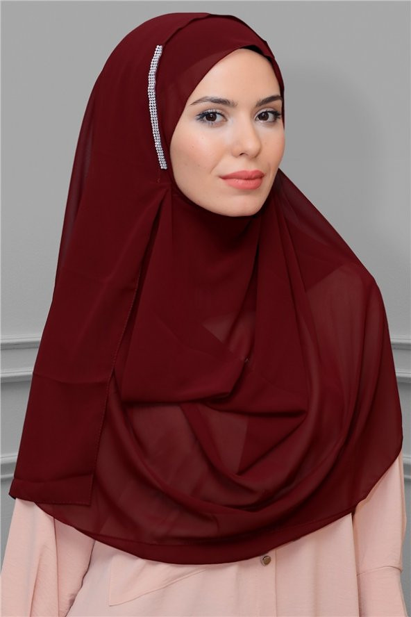 Bordo Pratik Hazır Geçmeli Malezya Şal Şifon Taşlı 1850_16