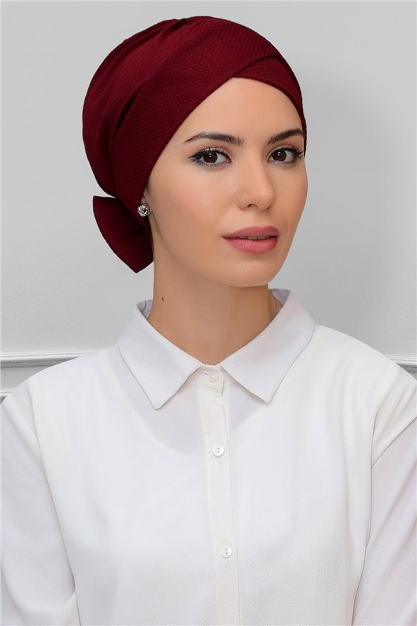 Bordo Pratik Hazır Geçmeli Tesettür Bone Petekli Fiyonklu Çift Taraflı Tek Çapraz 1865_16 - 1