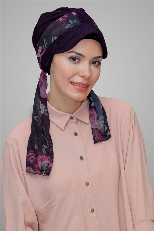 Mürdüm Şapkalı Tesettür Bone Kesik Elyaf Desenli Şifon Kemerli 1902_07